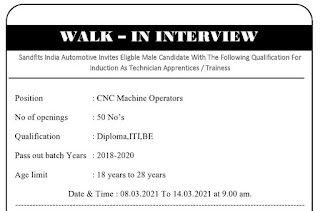 ITI, Diploma, BE Candidates Job Vacancy Walk In Interview For CNC Machine Operators Post in Sandfits Foundries Private Limited