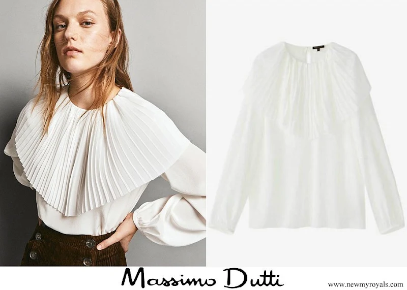 Queen Letizia wore Massimo Dutti Pleated Silk Blouse in White