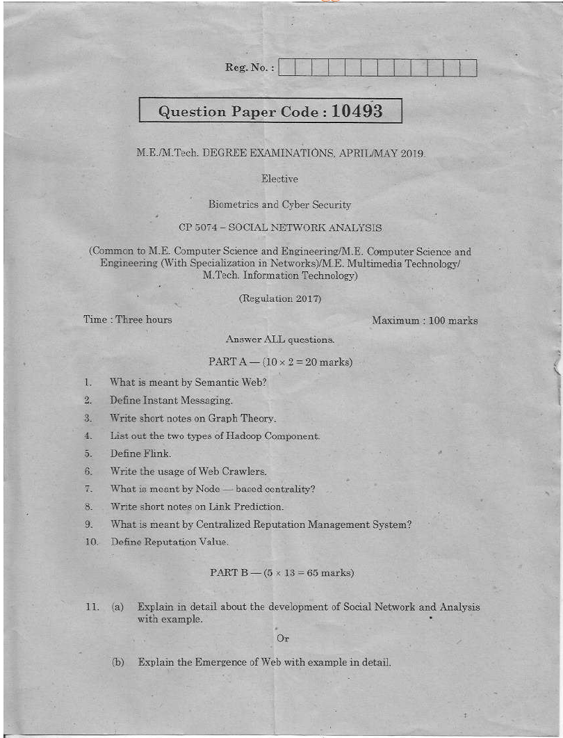 Anna University CP 5074SOCIAL NETWORK ANALYSIS APRIL MAY 2019 Question