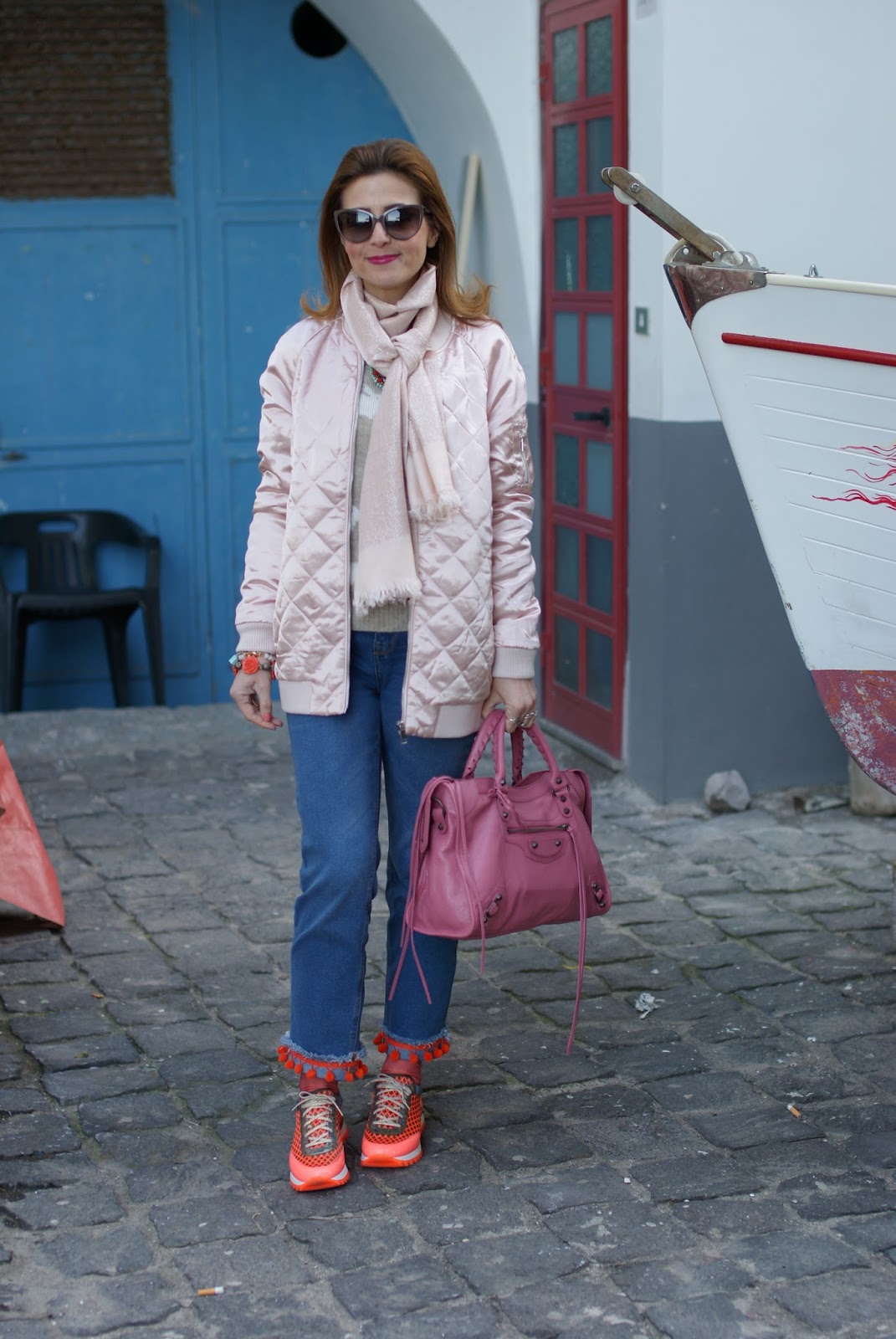 Pink satin bomber jacket, uno8uno sneakers, custom Dondup lookalike jeans on Fashion and Cookies fashion blog, fashion blogger style