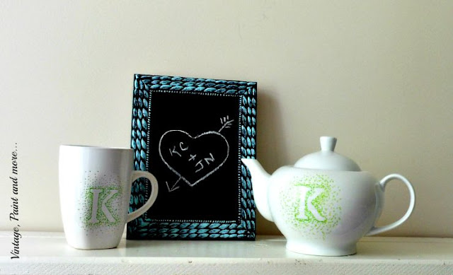 Vintage, Paint and more... plain teapot and mug personalized with a sharpie marker and a small thrifted frame diy'd into a chalkboard