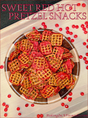 Sweet Red Hot Pretzel Snacks are pretzels with a coating that’s spicy with a hint of sweet, simple to make and quick to disappear. | Recipe developed by www.BakingInATornado.com | #recipe #snack