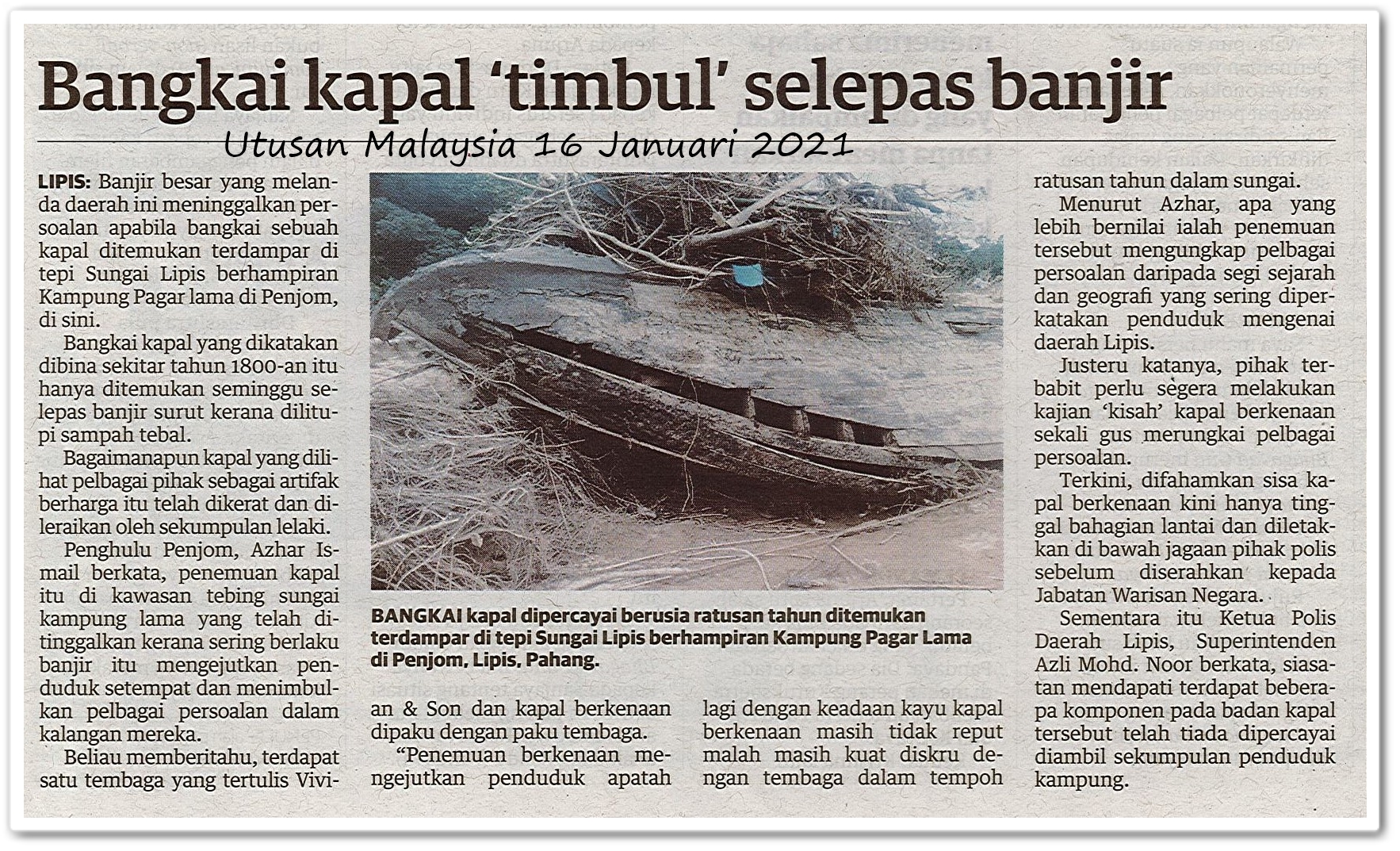 Bangkai kapal 'timbul' selepas banjir  Keratan akhbar Utusan Malaysia