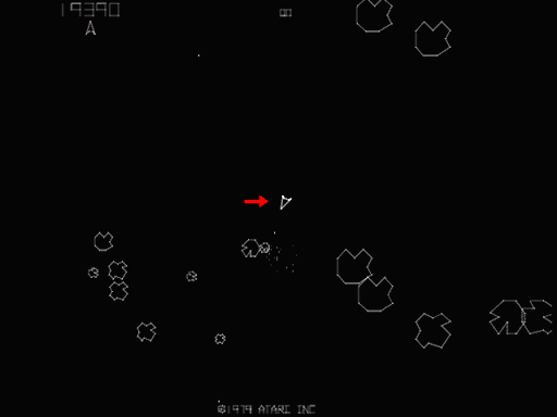 Sample gameplay from the 1979 arcade game, Asteroids, demonstrating the risk of overusing the hyperspace ability.  A red arrow indicates the position of the player's ship.