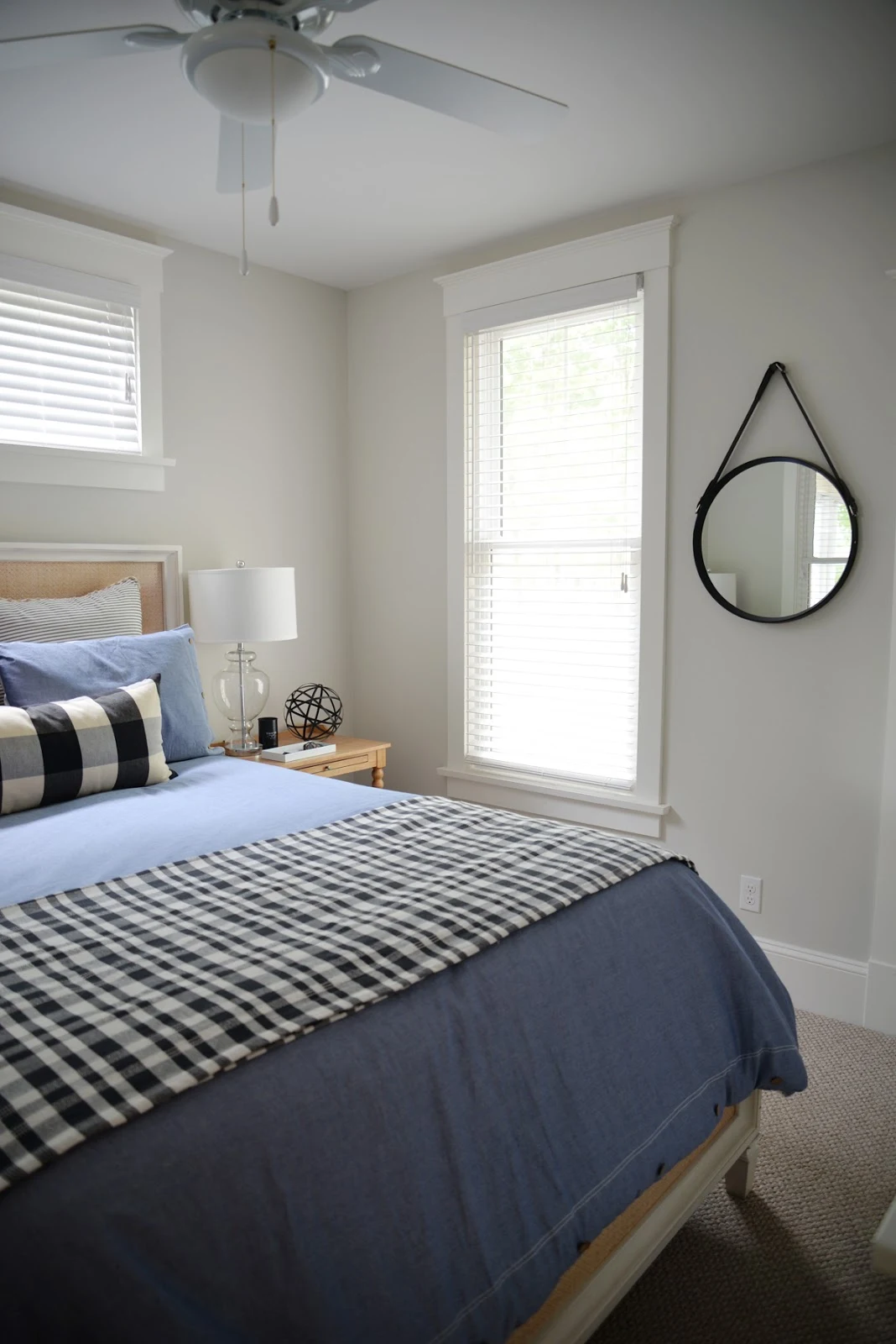 buffalo check, modern country bedroom, round mirror with leather strap | Ramblingrenovators.ca