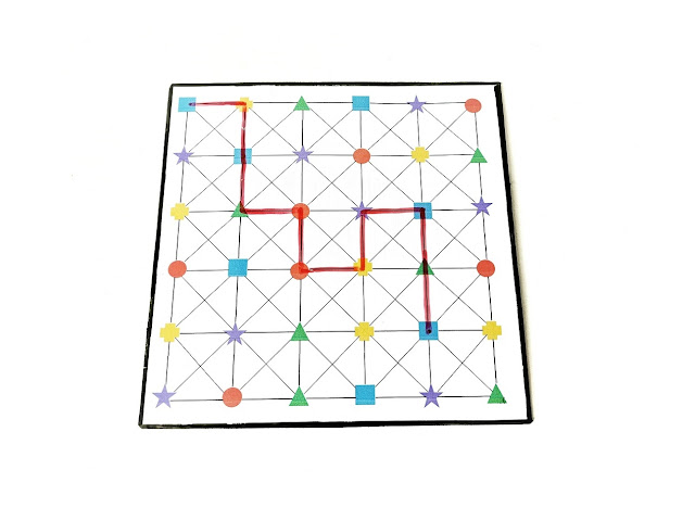 darmowe ćwiczenia terapeutyczne dla dzieci darmowe karty do pobrania,na zdjęciu plansza a na niej narysowana czerwonym mazakiem trasa według instrukcji