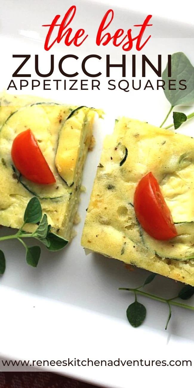 Overhead close up of zucchini appetizers with tomato and oregano garnish on white plate pin with text for pinterest