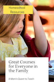 A Mom's Quest to Teach: Homeschooling Resources: Great Courses for Everyone in the Family – Can't attend a homeschool convention? Where can you find great resources online? #homeschool #homeschooling #19GIFTS text: Homeschool Resources; Great Courses for Everyone in the Family; A Mom's Quest to Teach; background image of child and mom looking at computer