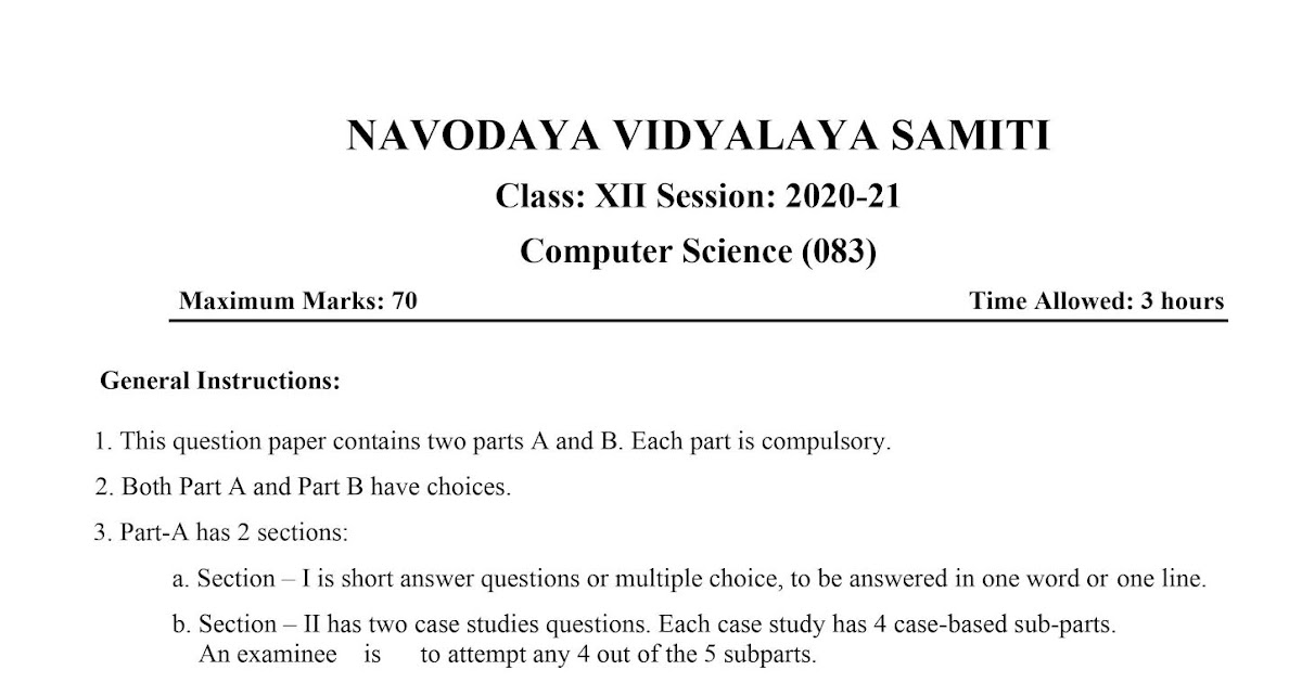 Class 12 CBSE Computer Science Sample Paper 4 (Session 2020-21)