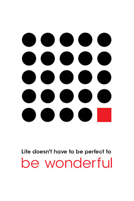 poster with many black circles and one red square plus text