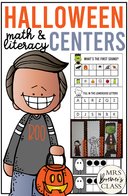 Kindergarten Halloween Centers with Math and Literacy Activities