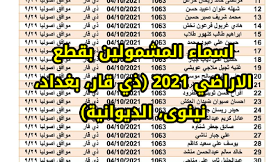 اسماء المشمولين بقطع الاراضي 2021 (ذي قار، بغداد، نينوى، الديوانية)