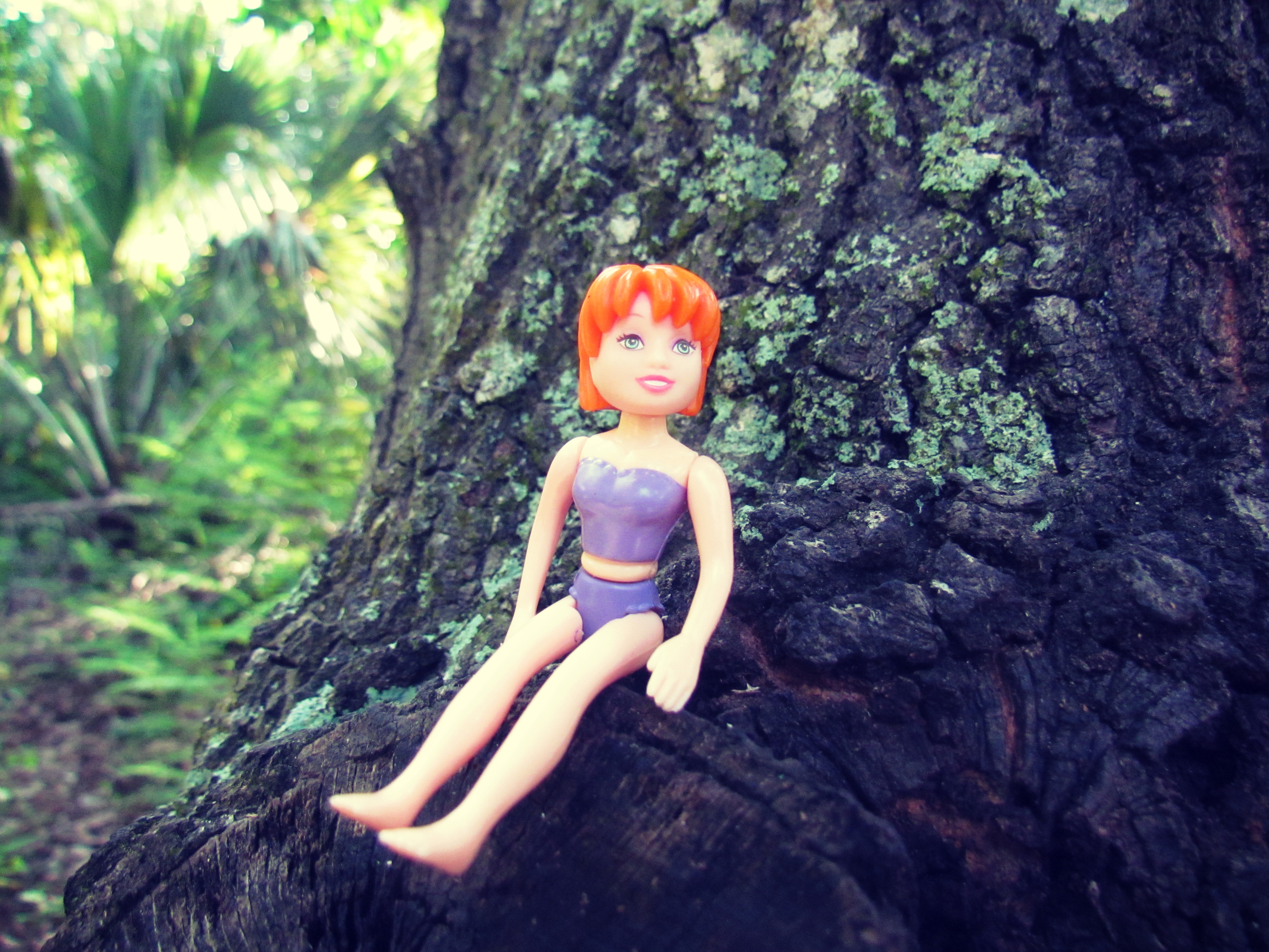 A toy doll figurine found on a tree hollow in nature with minimal clothing and bra and panties set plus red-haired plastic doll, girls novelty toys, kids toys,
