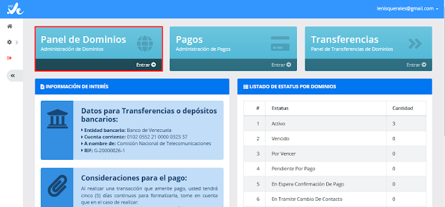 área de clientes NicVe Seleccionar panel de dominios
