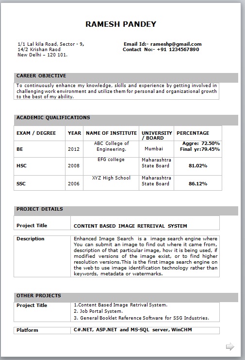 IT Fresher Resume Format In Word