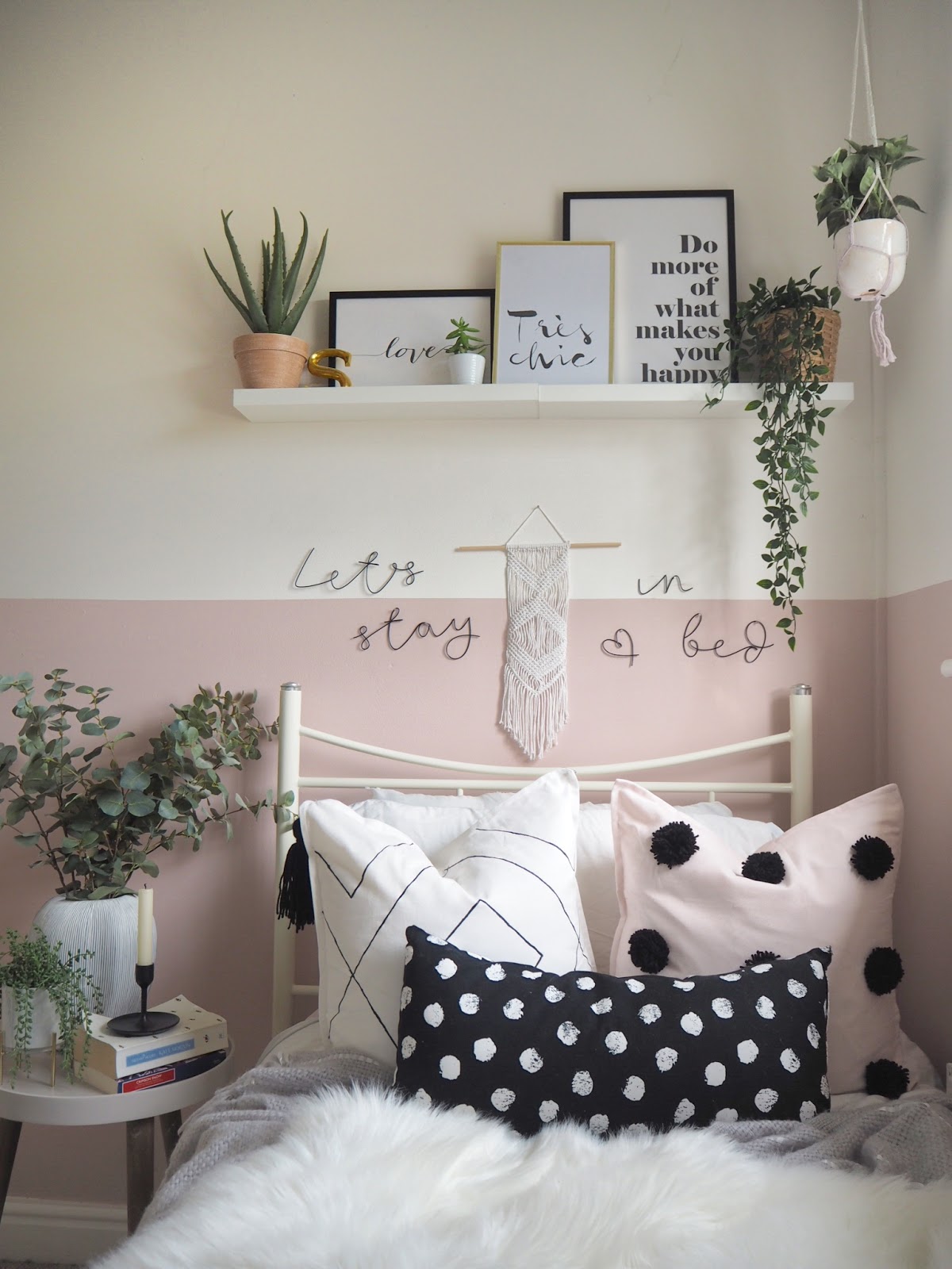 How to transform a room with half-painted walls. DIY room update. How to use frog tape to section off a wall and paint a feature. Boho bedroom transformation.