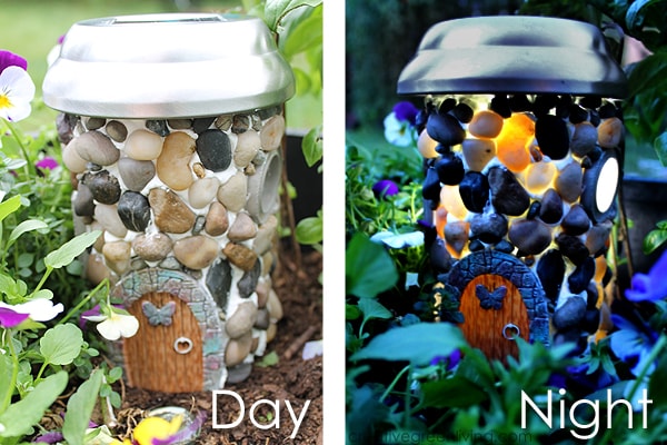 Two photos of a DIY fairy house. Photo on left is the fairy house during the day time with the word DAY. On the right is a photo of the fairy house glowing in the dark and the word NIGHT.