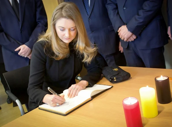 Hereditary Grand Duke Guillaume of Luxembourg and Hereditary Grand Duchess Stéphanie of Luxembourg attended the moment of silence at the Belgian Embassy. jewelery, diamond earring, diamond rings, baracelet, newmyroyals, new myroyals, new my royals