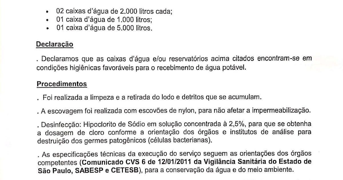 Exemplo De Laudo De Limpeza De Caixa D'Água