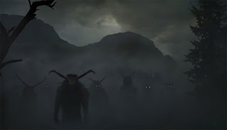 Bosque oscuro y con niebla en el que se observan figuras antropomorfas con cuernos de bufalo.