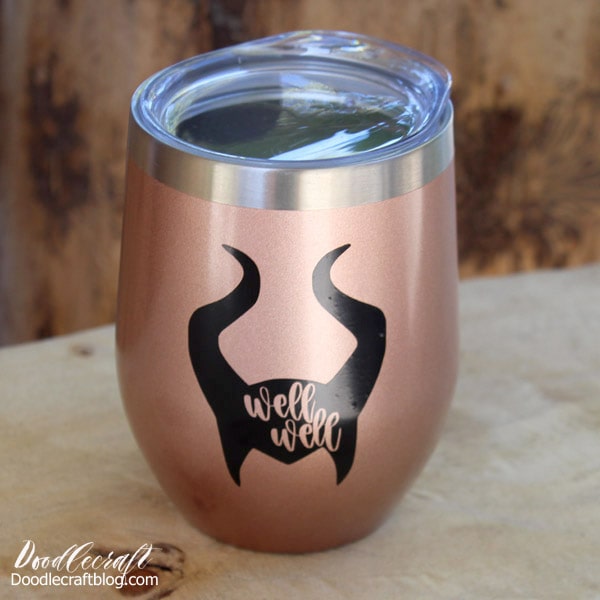 Make your coffee tumbler, car bumper or laptop look a little spookier and cooler with this Maleficent horns silhouette "Well Well" decal.