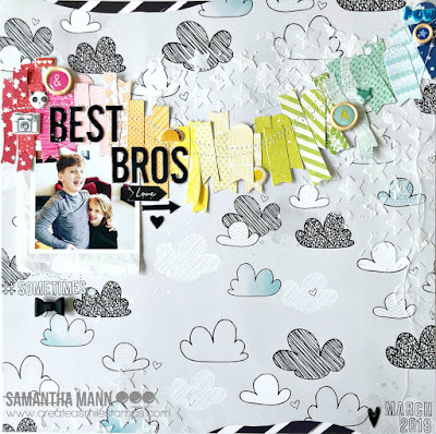 Best Bros (sometimes!) Layout by Samantha Mann for Create a Smile Stamps, Scrapbook Layout, Mixed Media, Rainbow, embossing paste, stencil #createasmile #layout #mixedmedia #stitching