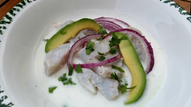 una fresquita receta con cebolla, corvina, aguacate y leche de tigre