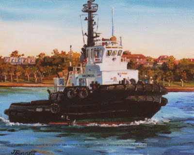 Plein air oil painting of the Svitzer tug 'Wonga' in Sydney Harbour passing Balmain painted by marine artist Jane Bennett