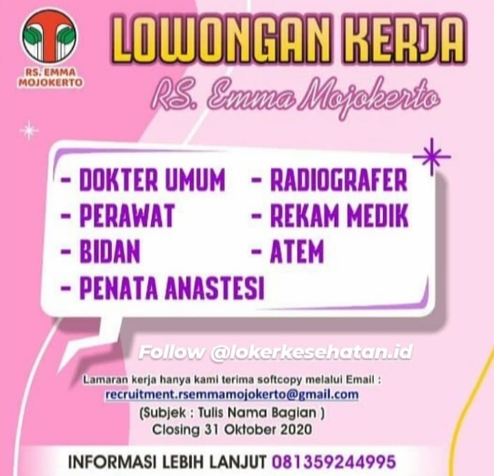 Lowongan Pekerjaan Bidan Perawat di RS Emma Mojokerto 2020 - JOB