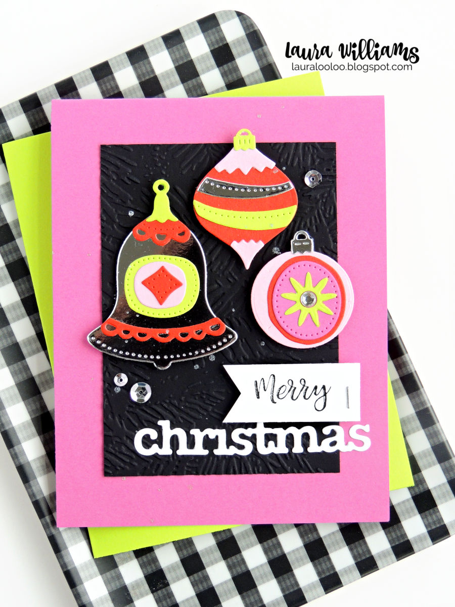 Craft your own bright and colorful retro die cut ornaments for handmade cards and crafts using dies from Impression Obsession for holiday cardmaking! Click for all the details to assemble this fun card idea.