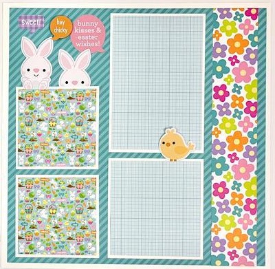 12x12 Easter Sunday scrapbook page layout with bunny rabbits, flowers, and baskets