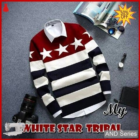 AND307 Sweater Pria Rajut Putih Star Red BMGShop
