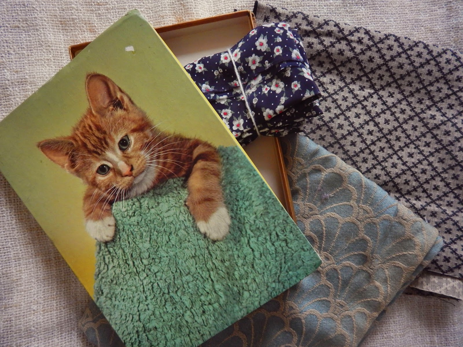 Vintage Cat Chocolate Box and fabric