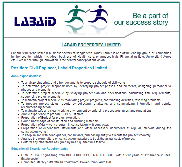 labaid properties limited civil engineer job opportunity vacancy civil engineer requirements