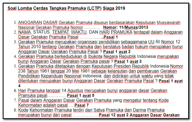 Soal Lomba Cerdas Tangkas Pramuka (LCTP) Siaga 2019 Soal Lomba Cerdas Tangkas Pramuka (LCTP) Siaga 2019