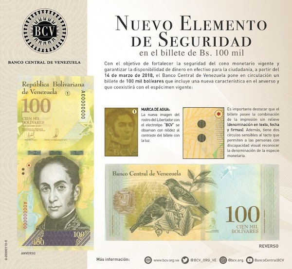 Incorporan nuevo elemento de seguridad en el billete de Bs. 100 mil Incorporan nuevo elemento de seguridad en el billete de Bs. 100 mil