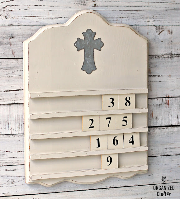 Goodwill Wooden Perpetual Calendar Repurposed As Farmhouse Style Wall Hymn Board #goodwill #thriftshopmakeover #Repurpose #upcycle #dixiebellepaint #Hymnboard