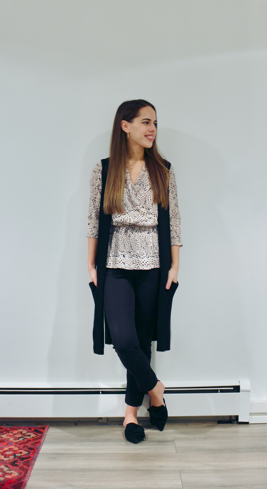 Jules in Flats - Patterned Peplum Blouse with Olivie Sweater Vest (Business Casual Winter Workwear on a Budget)
