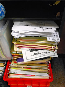 Stacks of papers waiting to be filed... {Classroom Disorganization: Organizing My Classroom One Step at a Time}
