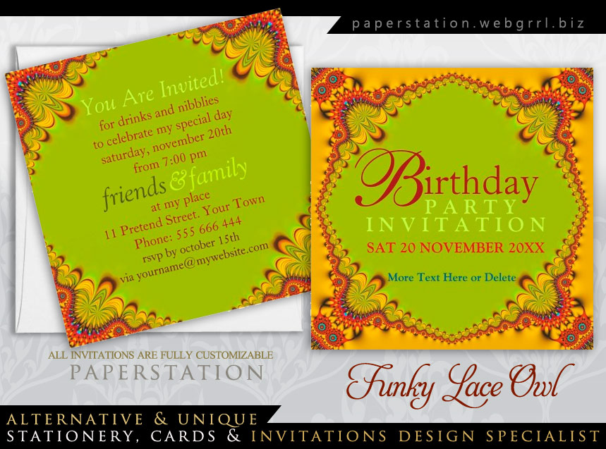 Funky Lace Owl Adult Birthday Party Invitations | Customizable Event Invitations