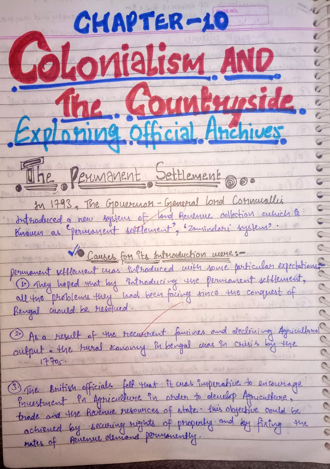 Handwritten Notes of Colonialism and Countryside History Class 12th