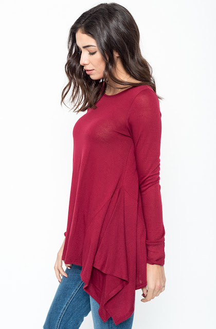 Buy Now Burgundy Ribbed Side Peplum Tunic Online $20 -@caralase.com