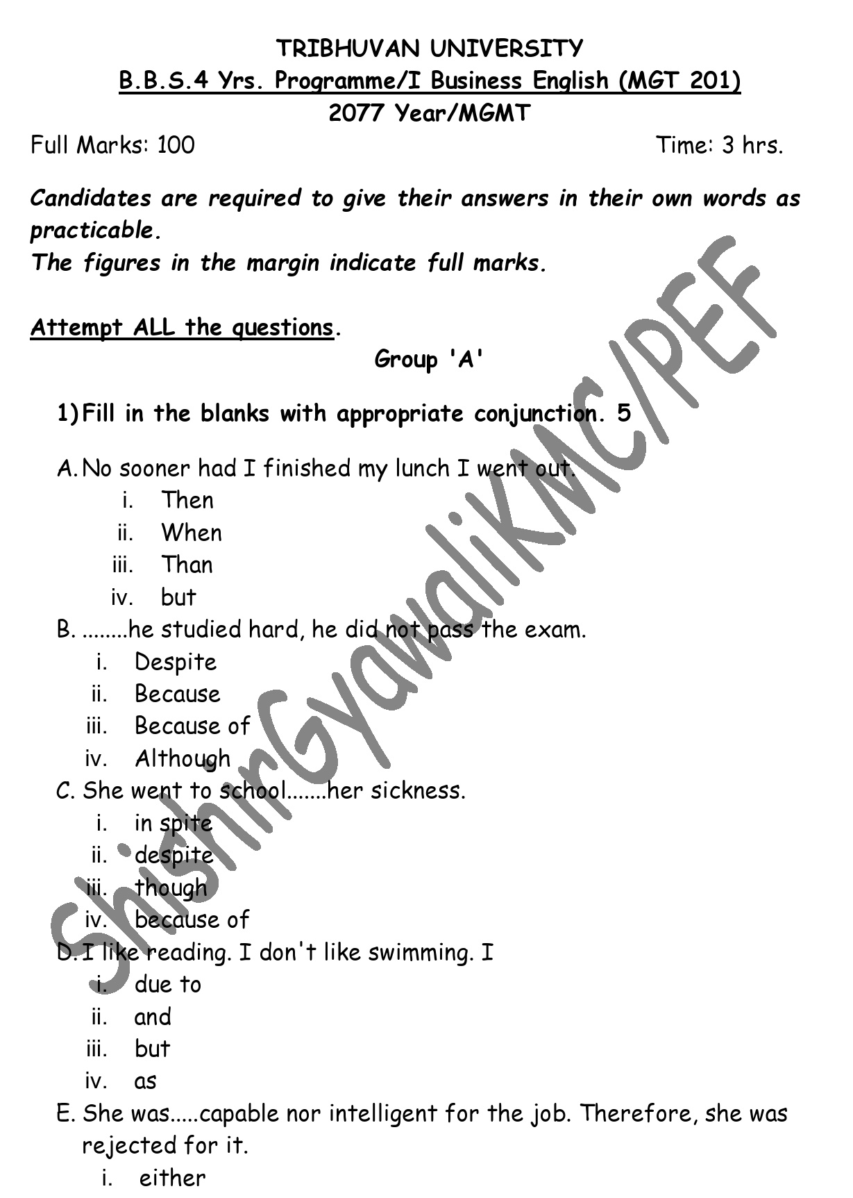 B.B.S First Year Business English Question Paper2077 Complete