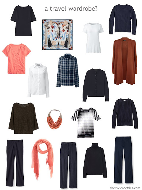 a travel capsule wardrobe based on A Common Wardrobe in navy and white, with accents of russet, coral and brown a travel capsule wardrobe based on A Common Wardrobe in navy and white, with accents of russet, coral and brown