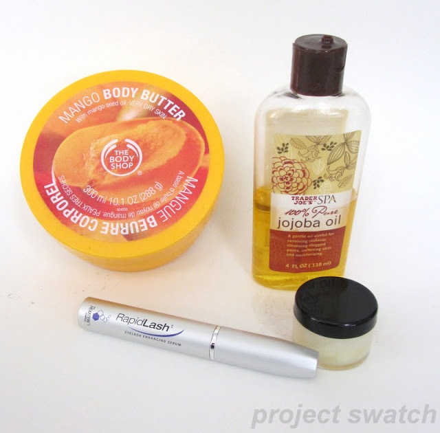 Body Shop Mango Body Butter, Trader Joe's Jojoba Oil, Rapidlash, Lansinoh (in jar)