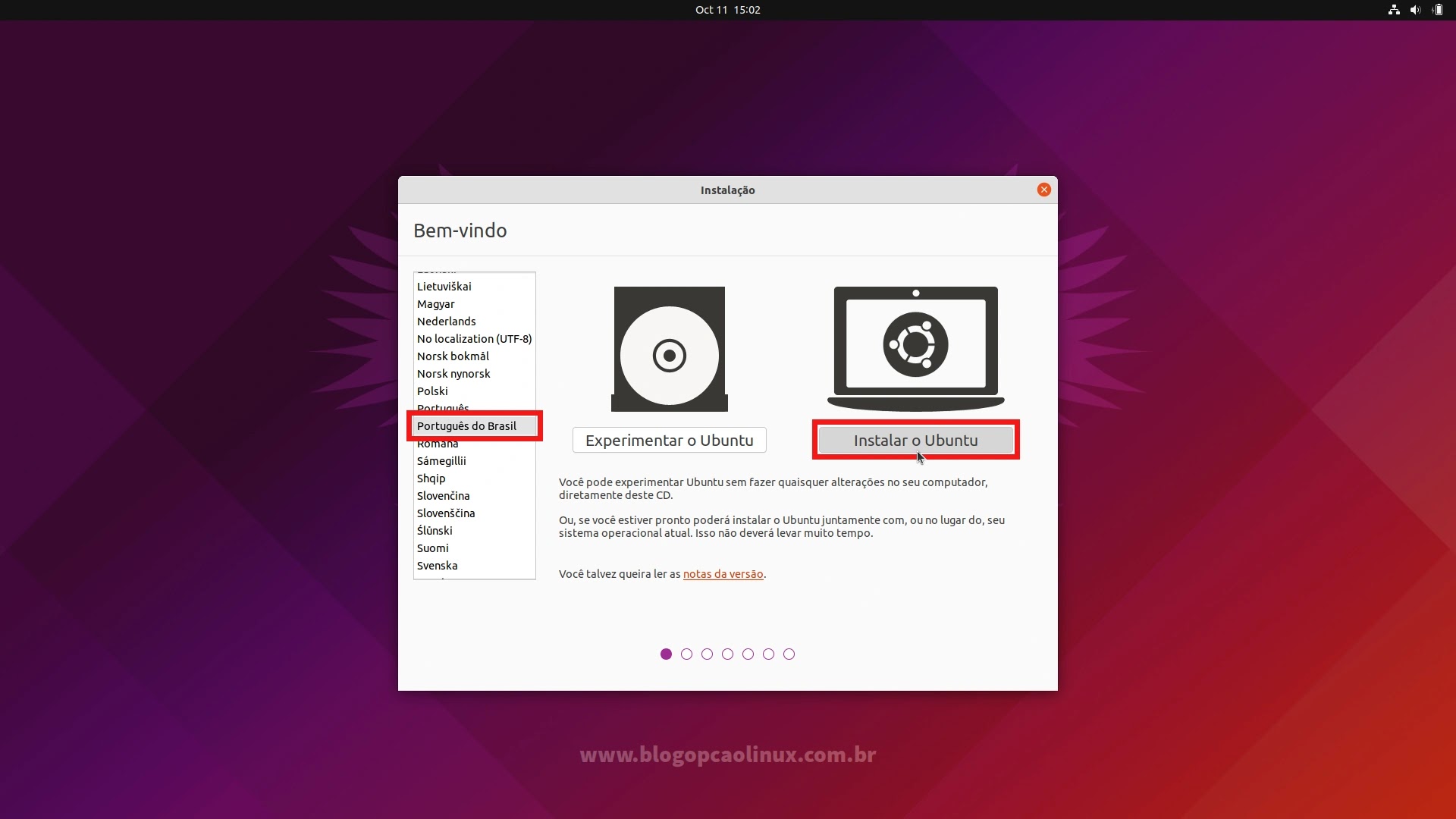 Selecione o Idioma de Instalação e clique no botão 'Instalar o Ubuntu'