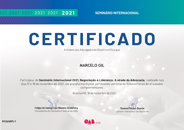 CERTIFICADO CONCEDIDO À MARCELO GIL PELA OAB/NACIONAL 2021