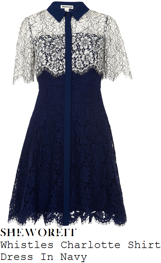 helen-skelton-whistles-charlotte-navy-blue-and-white-sheer-floral-eyelash-lace-overlay-short-sleeve-collared-high-waisted-fit-and-flare-shirt-dress