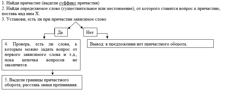 Алгоритм нахождения причастного оборота в предложении. Алгоритм нахождения причастного оборота. Выделение причастного оборота запятыми. Постановка запятых в причастном обороте. Причастный оборот алгоритм.