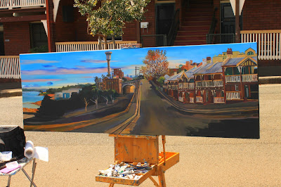 plein air oil painting of heritage terraces in Millers Point by Jane Bennett, industrial heritage artist